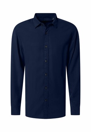 Marineblauw overhemd met lange mouwen, knoopsluiting, kraag, voorpand met knoopsluiting en zwarte knopen, gepresenteerd op een effen witte achtergrond.