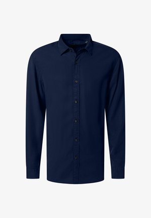 Marineblaue, langärmlige Hemdbluse mit Kragen, durchgehender Knopfleiste und schwarzen Knöpfen, dargestellt vor einem schlichten weißen Hintergrund.