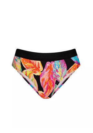 Kolorowa bielizna kąpielowa z czarnym tłem, z dużymi, żywymi wzorami liści w kolorze pomarańczowym, różowym i turkusowym. Gładka tekstura z elastycznym pasem.