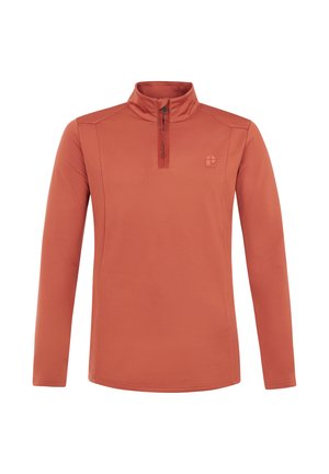 Langemouwen, pull-over met rits in gebrand oranje, gemaakt van zachte, lichtgewicht stof; beschikt over een subtiele logo op de borst en platte naden.