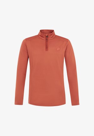 Langemouwen, pull-over met rits in gebrand oranje, gemaakt van zachte, lichtgewicht stof; beschikt over een subtiele logo op de borst en platte naden.