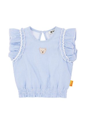Top a righe blu e bianche con maniche corte arricciate, vita arricciata e un patch a forma di orso sul davanti, caratterizzato da un'apertura a chiave sul retro.