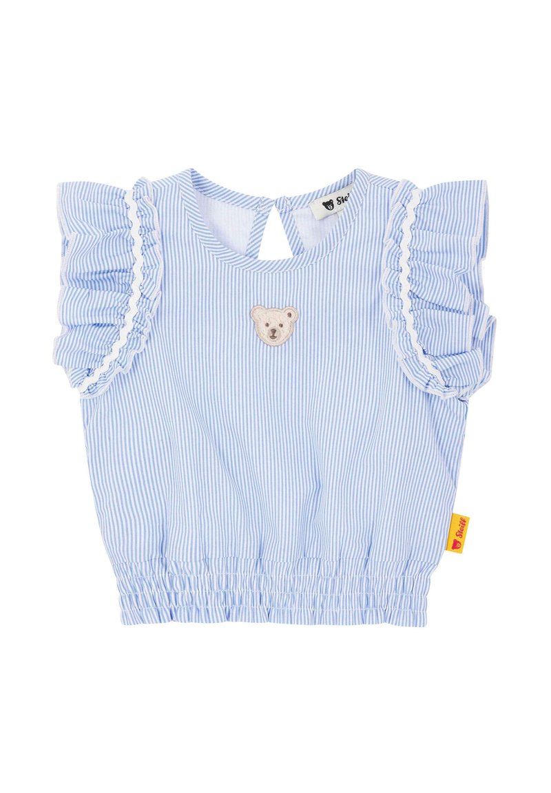Gestreiftes Top in Blau und Weiß mit kurzen Rüschenärmeln, gerafftem Taillenbund und einem Bärenaufnäher auf der Vorderseite. Es hat eine Schlüsselaußenöffnung am Rücken.