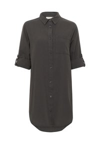 Chemise à boutons noir charbon, avec col, manches longues retroussées aux coudes, une poche poitrine et un ourlet incurvé. Texture de tissu lisse.