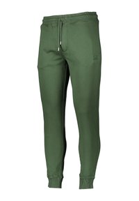 Grüne Baumwollmischung-Jogginghosen mit elastischem Bund und Kordelzug, gerippten Bündchen und Seitennähten. Verfügt über einen dezenten Logo-Akzent auf der Vorderseite.