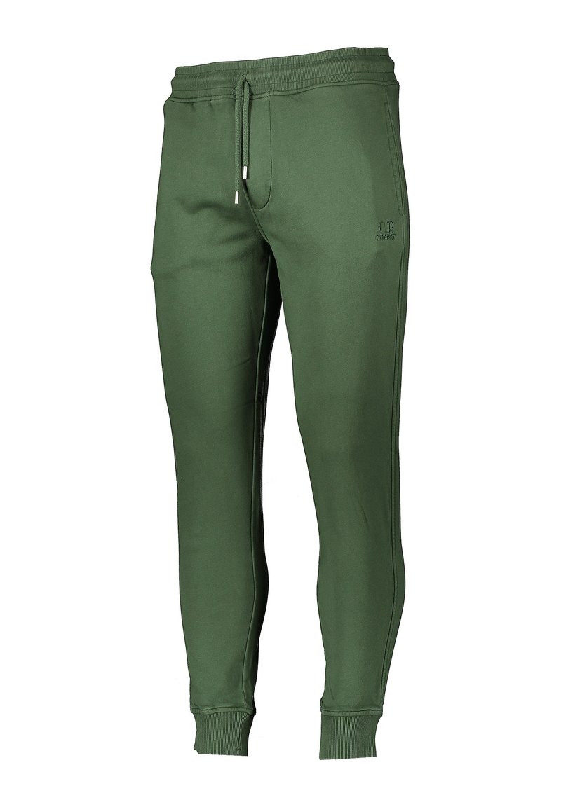 Grüne Baumwollmischung-Jogginghosen mit elastischem Bund und Kordelzug, gerippten Bündchen und Seitennähten. Verfügt über einen dezenten Logo-Akzent auf der Vorderseite.