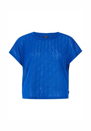 Sininen lyhythihainen paita, joka on valmistettu neulotusta materiaalista ja jossa on teksturoitu timanttikuvio, pyöreä pääntie ja rento istuvuus.