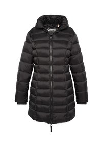 Schwarze Steppjacke mit Kapuze, Frontreißverschluss und gerippten Bündchen. Auffälliges Steppmuster mit gepolsterten Abschnitten für Isolierung.