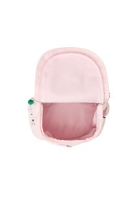 Light pink fabric bag with a soft finish, featuring a zip closure and an empty interior. Rounded shape with no visible patterns or hardware.