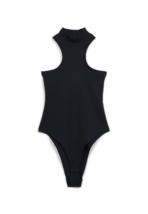 Bodysuit sans manches noir avec un col montant, fabriqué à partir d'un tissu extensible, présentant une texture lisse et des emmanchures hautes.