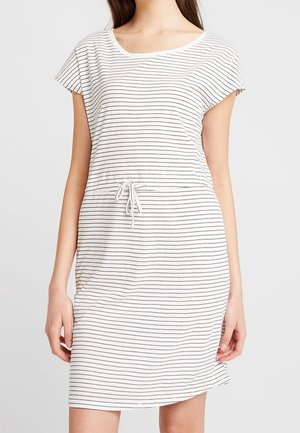 Robe à manches courtes rayée en blanc et bleu marine, dotée d'une taille élastique ajustable et d'une coupe décontractée. Tissu doux et léger.