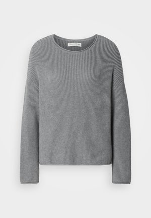 Hallid hall soe kampsun ümarate kaelusega, pikkade varrukatega ja ribakudumisega. Lihtne disain sirge helmestiku ja ilma dekoratsioonideta.