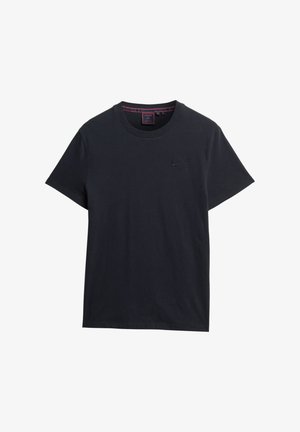 Czarny bawełniany t-shirt z okrągłym dekoltem, krótkimi rękawami i subtelnym haftowanym logo na klatce piersiowej. Gładka struktura, luźny krój.