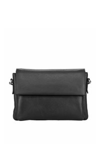 Sac à main en cuir noir avec une finition texturée, doté d'un rabat et de ferrures argentées. Design rectangulaire compact avec des accents minimalistes.