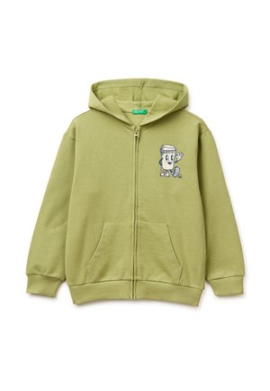 Light green zip-up hoodie with front pockets and a small graphic of a walking coffee cup on the left chest.