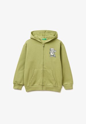 Hellgrüner Zip-Hoodie mit Fronttaschen und einer kleinen Grafik einer laufenden Kaffeetasse auf der linken Brust.