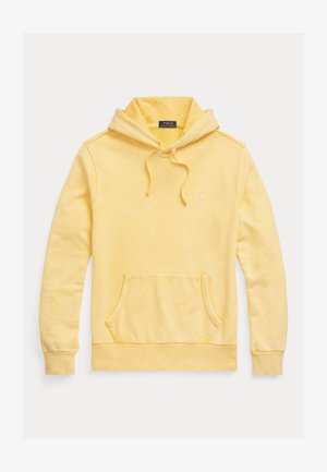 Żółta bawełniana bluza z kapturem, z przednią kieszenią, regulowanym sznurkiem przy kapturze i haftowanym logo na piersi, o miękkim, teksturowanym wykończeniu.