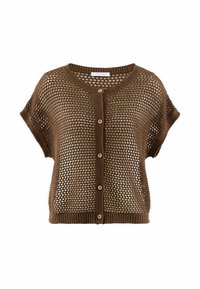 Cardigan a maglia marrone con design a rete, maniche corte e bottoni in legno sul davanti. Dettagli a coste sull'orlo e sul colletto completano l'indumento.