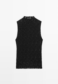 Schwarzes ärmelloses Top mit hohem Kragen, gefertigt aus strukturiertem Spitzenstoff mit floralem Muster, der ein durchsichtiges und leichtes Design zeigt.