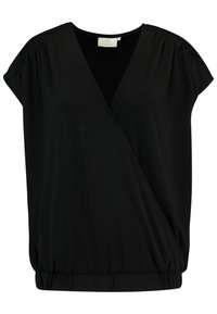 Top avvolgente nero realizzato in tessuto morbido, con scollatura a V profonda, maniche corte e orlo elastico arricciato per una vestibilità rilassata.