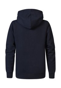 Marineblauwe hoodie, gemaakt van zachte katoen, met lange mouwen, een aansluitende tailleband en een eenvoudig, labelvrij ontwerp.