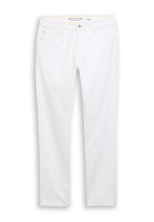 Jeans bianchi a taglio dritto con chiusura a bottone e zip, cinque tasche e passanti per cintura, taglia 31/32, marca Tom Tailor.