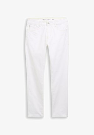 Bijele traperice ravnog kroja s kopčanjem na gumb i patentni zatvarač, pet džepova i petlje za pojas, veličina 31/32, marka Tom Tailor.