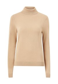 Beige Rollkragenpullover aus einem weichen Strickstoff. Mit langen Ärmeln sowie einem gerippten Kragen und Saum, bietet er eine lockere Passform.