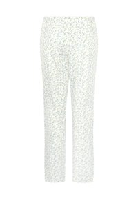 Witte elastieken broek met een klein blauw bloemenpatroon, rechte pijpen, gepresenteerd tegen een effen witte achtergrond.