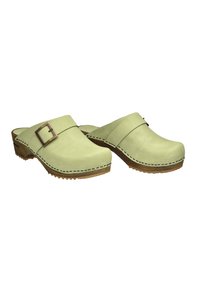 Light green suede clogs with a square buckle accent, wooden sole, and stitched detailing along the edge, featuring a textured footbed.