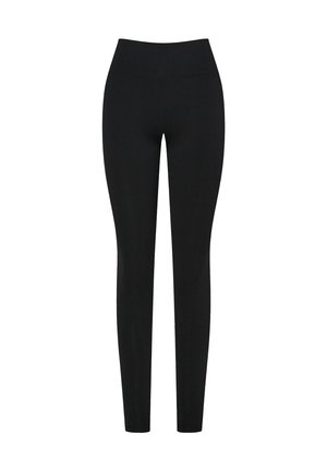 Czarne legginsy z wysokim stanem, wykonane z elastycznej tkaniny, o gładkiej fakturze i dopasowanym kroju.