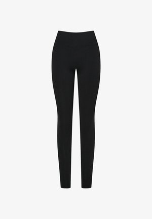 Czarne legginsy z wysokim stanem, wykonane z elastycznej tkaniny, o gładkiej fakturze i dopasowanym kroju.