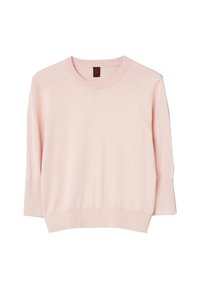 Jasnoróżowy dzianinowy sweter z okrągłym dekoltem i rękawami do połowy przedramienia, z prążkowanym wykończeniem na dole i mankietach zapewniającym dopasowanie.