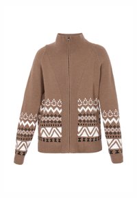 Bruine gebreide cardigan met een hoge kraag, met witte en zwarte geometrische patronen aan de onderrand en mouwen. Voorzijde met ritssluiting.