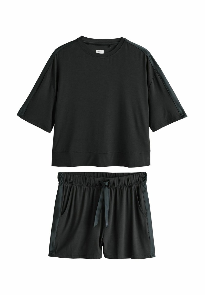 Set di abbigliamento da casa scuro composto da un top corto a maniche corte e pantaloni shorts dal fit rilassato, con cintura elastica e laccio davanti.