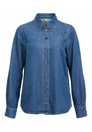 Chemise en denim bleu avec boutons, manches longues et broderie florale autour de l'encolure et du col.