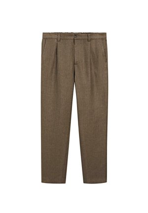 Braune, maßgeschneiderte Hose mit Gürtelschlaufen, vorderem Knopf- und Reißverschluss, seitlichen Schrägtaschen und geradem Bein.