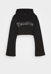 Sweat à capuche court noir avec des manches longues et larges ornées d'un motif "Paradise" en strass argentés sur le devant. Texture de tissu doux.