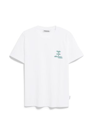 Weißes Baumwoll-T-Shirt mit kurzen Ärmeln, Rundhalsausschnitt und türkisfarbenem Text auf der Vorderseite mit der Aufschrift "Designed to make a difference."