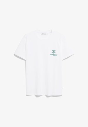 Weißes Baumwoll-T-Shirt mit kurzen Ärmeln, Rundhalsausschnitt und türkisfarbenem Text auf der Vorderseite mit der Aufschrift "Designed to make a difference."