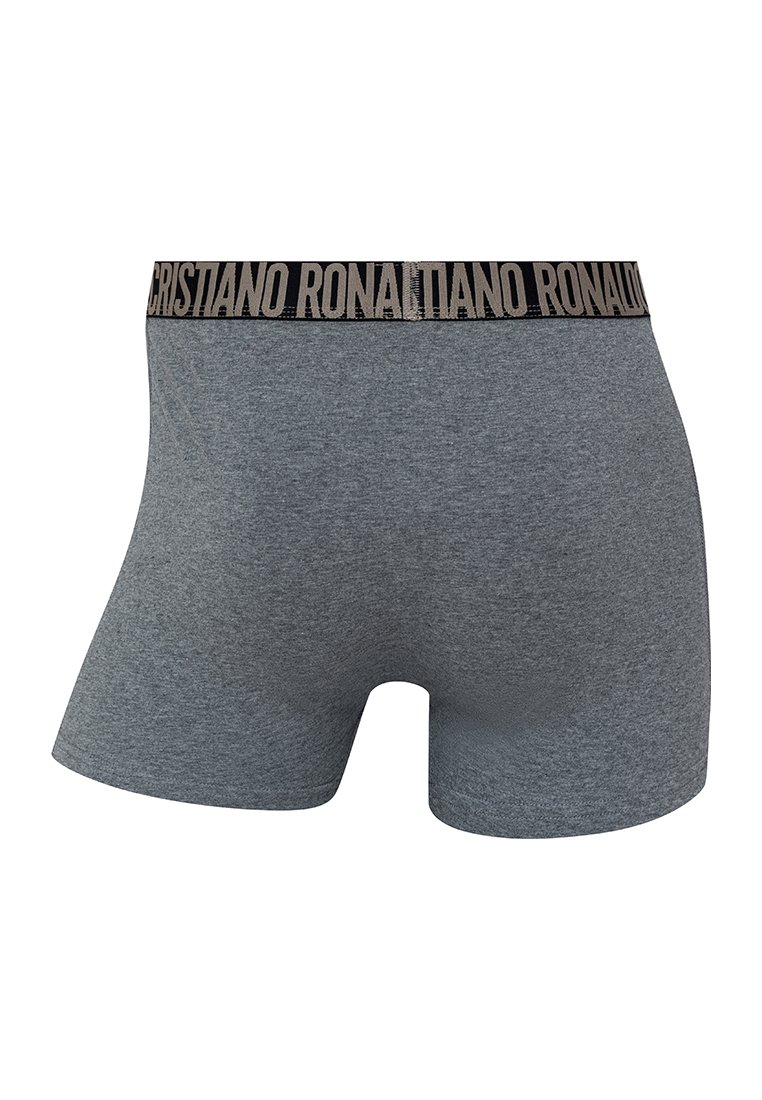 Bóxer gris con cintura negra que presenta el texto "Cristiano Ronaldo". Textura suave y diseño de corte clásico.