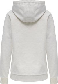 Felpa grigia chiara con tessuto morbido e texture, dotata di un ampio cappuccio, maniche lunghe e polsini a costine. La vista posteriore mostra un design semplice.