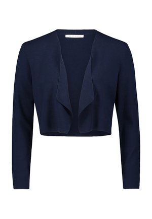 Cardigan corto blu navy realizzato in morbido tessuto a maglia, con design aperto, maniche lunghe e una texture liscia senza motivi visibili.