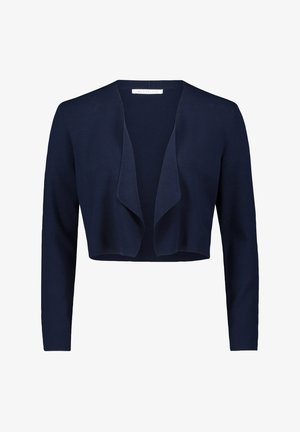 Tengerészkék rövidített kardigán, puha kötött anyagból készült, nyitott elülső kialakítással, hosszú ujjaival és sima textúrájával, amelyen nincsenek látható minták.