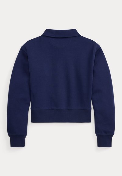 Μπλε ναυτικό cropped φούτερ με γιακά, ριμπ μανσέτες και τελείωμα. Διαθέτει ομαλή υφή και καθαρό ράψιμο. Εμφανίζεται η πίσω όψη.