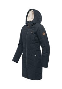 Navy blue padded coat with a hood, featuring a front zipper, diagonal quilted pattern, and a plush, light-colored lining.