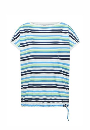 Kurzarmhemd mit horizontalen Streifen in Marineblau, Blau, Grün und Weiß, Rundhalsausschnitt und Kordelzug am Saum.