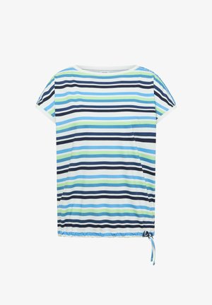 Kurzarmhemd mit horizontalen Streifen in Marineblau, Blau, Grün und Weiß, Rundhalsausschnitt und Kordelzug am Saum.