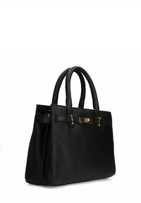 Borsa in pelle nera con design strutturato, due manici robusti, dettagli in metallo dorato e superficie liscia al tatto.