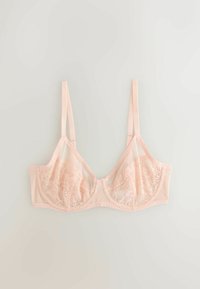 Lyserød blondes-bh med tynde justerbare stropper og halvgennemsigtige skåle, lagt fladt på en ensartet hvid baggrund.